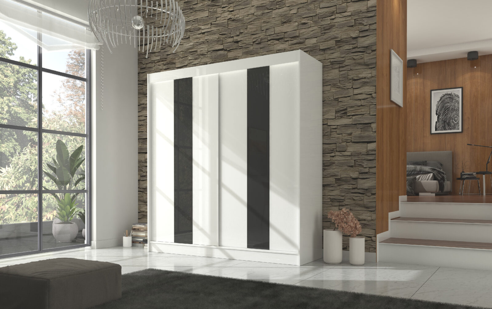 ArtAdrk Šatní skříň KAREN | 200 cm Barva: Bílá/černé pásy