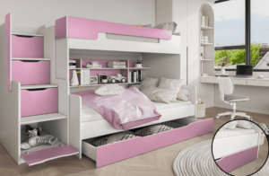 ArtBed Dětská patrová postel s roštem HARRY | bílá/růžová 120 x 200 cm