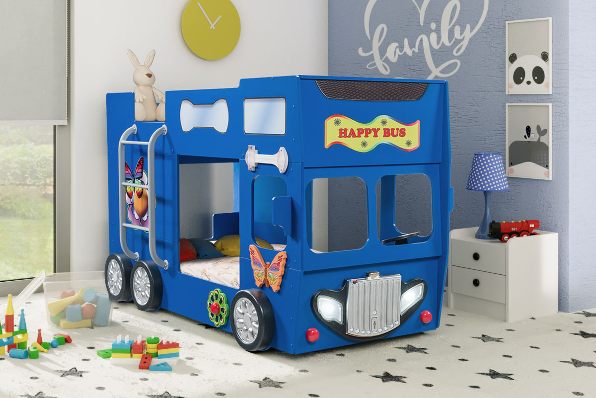 Artplast Dětská patrová postel HAPPY BUS | modrá 90 x 190 cm