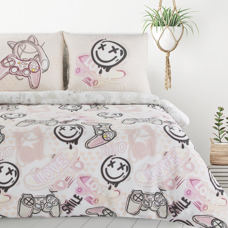 ArtFir Povlečení na jednolůžko KID 17 | bílá/růžová 140 x 200 cm
